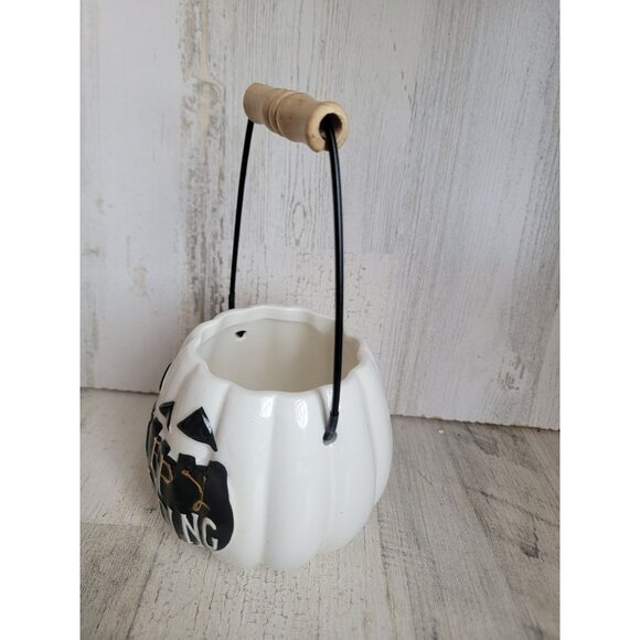 White pumpkin Happy Haunting Halloween ceramic bucket - Picture 4 of 6